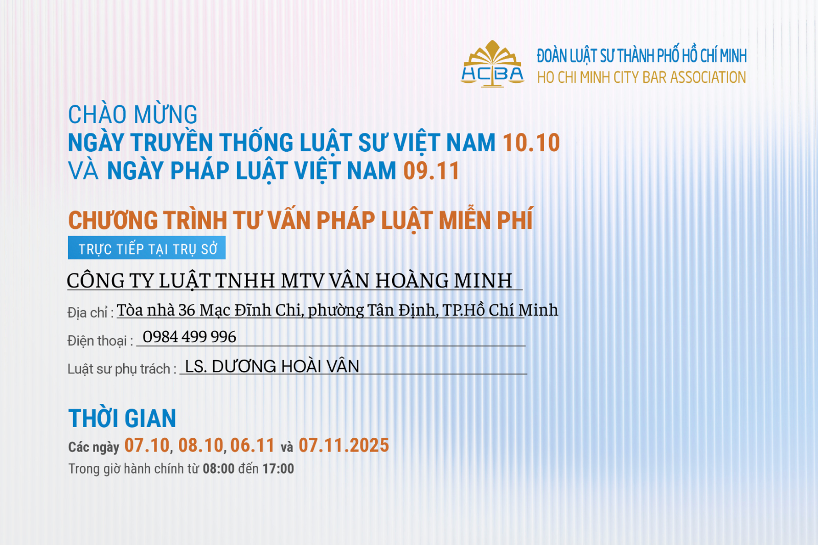 CHƯƠNG TRÌNH TƯ VẤN PHÁP LUẬT MIỄN PHÍ - CHÀO MỪNG NGÀY TRUYỀN THỐNG LUẬT SƯ 10/10 VÀ NGÀY PHÁP LUẬT VIỆT NAM 09/11